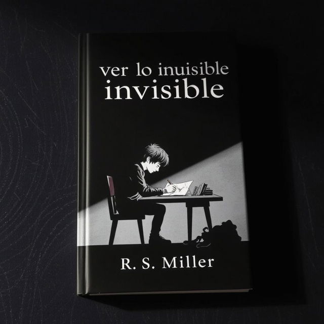 A minimalist dark book cover featuring a teenager sitting at a desk, deeply engrossed in drawing eerie and macabre images