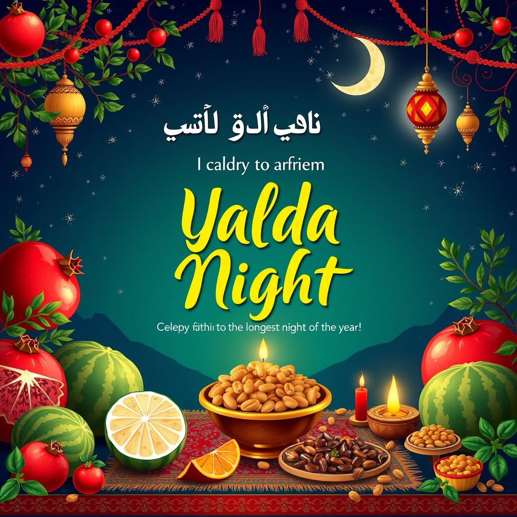 A vibrant and festive advertising banner for Yalda Night (Shab-e Yalda), featuring traditional elements such as pomegranates, watermelons, and a variety of nuts and sweets