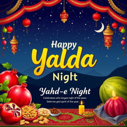 A vibrant and festive advertising banner for Yalda Night (Shab-e Yalda), featuring traditional elements such as pomegranates, watermelons, and a variety of nuts and sweets