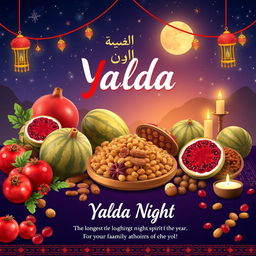 A vibrant and festive advertising banner for Yalda Night (Shab-e Yalda), featuring traditional elements such as pomegranates, watermelons, and a variety of nuts and sweets