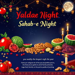 A vibrant and festive advertising banner for Yalda Night (Shab-e Yalda), featuring traditional elements such as pomegranates, watermelons, and a variety of nuts and sweets