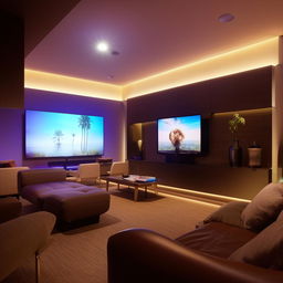 A modern TV lounge with sleek furniture, a large flat-screen TV on the wall, ambient lighting, and tasteful decor.