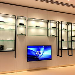 A modern wall design featuring sleek glass display cases framed with stylish black aluminum bars