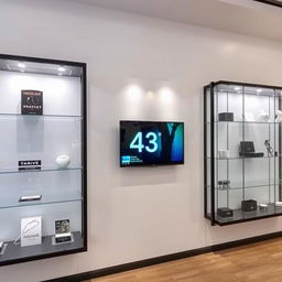 A modern wall design featuring sleek glass display cases framed with stylish black aluminum bars