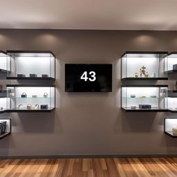A modern wall design featuring sleek glass display cases framed with stylish black aluminum bars