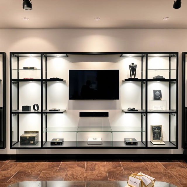 A modern wall design featuring sleek glass display cases framed with stylish black aluminum bars