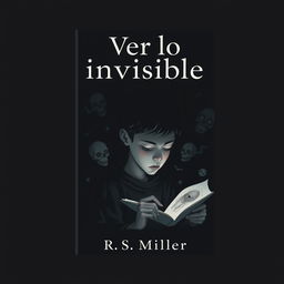 A minimalist dark book cover featuring a teenager with a contemplative expression, illustrating eerie and macabre drawings