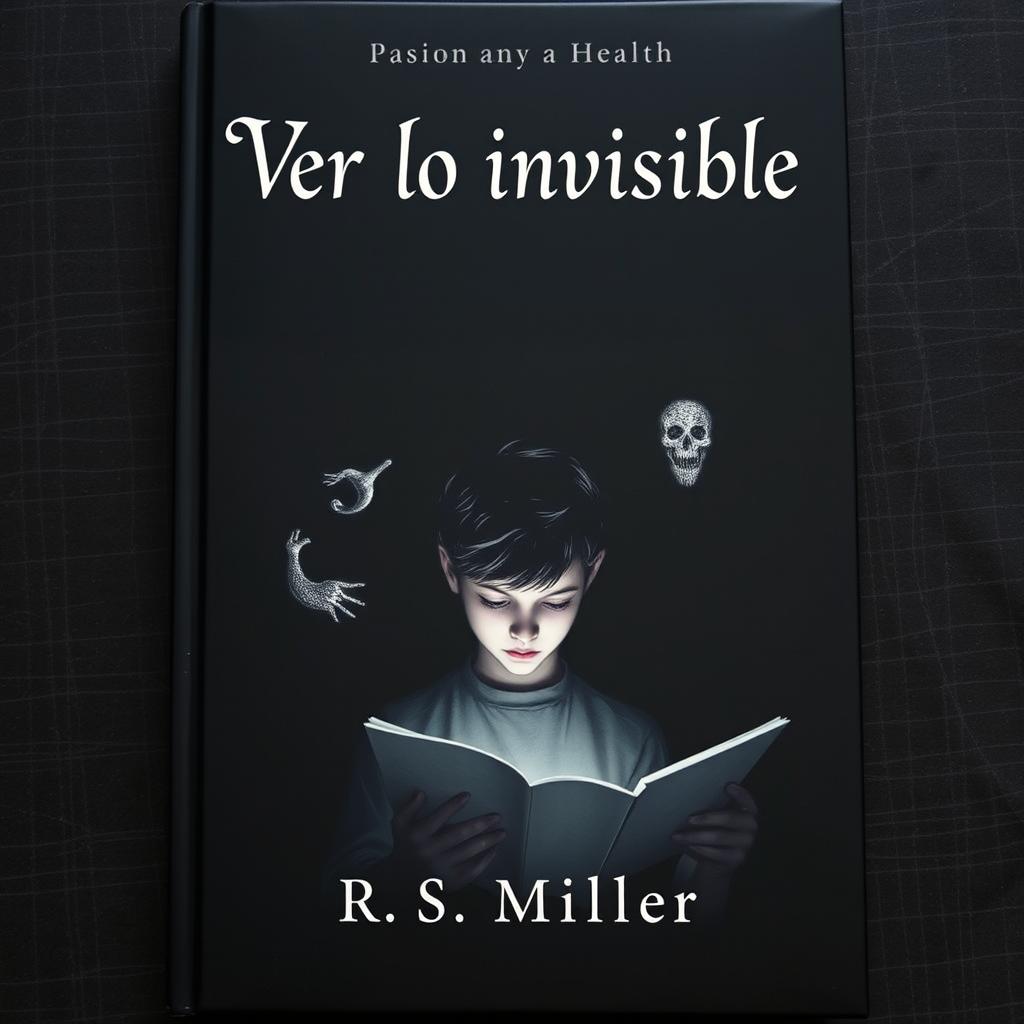 A minimalist dark book cover featuring a teenager with a contemplative expression, illustrating eerie and macabre drawings