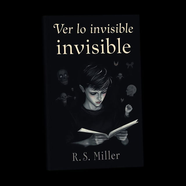 A minimalist dark book cover featuring a teenager with a contemplative expression, illustrating eerie and macabre drawings