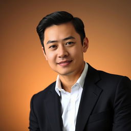 A polished, sophisticated portrait of a person wearing a formal black blazer with a crisp white dress shirt underneath