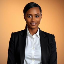 A polished, sophisticated portrait of a person wearing a formal black blazer with a crisp white dress shirt underneath