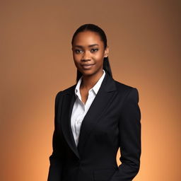 A polished, sophisticated portrait of a person wearing a formal black blazer with a crisp white dress shirt underneath