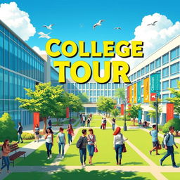 A vibrant and engaging college tour poster background, showcasing an energetic urban campus atmosphere with students walking, engaging in discussions, and enjoying the college environment