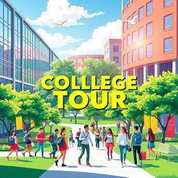 A vibrant and engaging college tour poster background, showcasing an energetic urban campus atmosphere with students walking, engaging in discussions, and enjoying the college environment