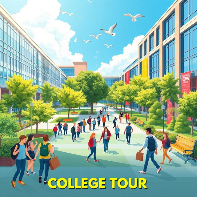 A vibrant and engaging college tour poster background, showcasing an energetic urban campus atmosphere with students walking, engaging in discussions, and enjoying the college environment