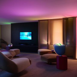 A modern TV lounge with sleek furniture, a large flat-screen TV on the wall, ambient lighting, and tasteful decor.