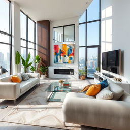 A stylish and modern living room featuring a sleek, minimalist design