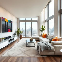 A stylish and modern living room featuring a sleek, minimalist design