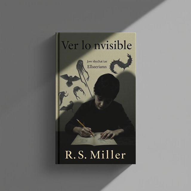 A minimalist book cover design in dark tones featuring a teenager drawing macabre and terrifying images, surrounded by unsettling shadows that evoke a sense of schizophrenia