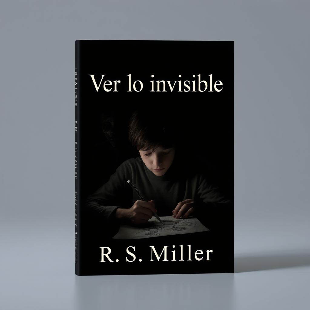 A minimalist book cover design in dark tones featuring a teenager drawing macabre and terrifying images, surrounded by unsettling shadows that evoke a sense of schizophrenia