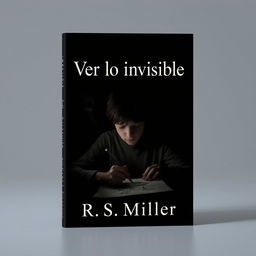 A minimalist book cover design in dark tones featuring a teenager drawing macabre and terrifying images, surrounded by unsettling shadows that evoke a sense of schizophrenia