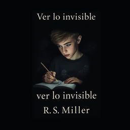 A minimalist book cover design in dark tones featuring a teenager drawing macabre and terrifying images, surrounded by unsettling shadows that evoke a sense of schizophrenia