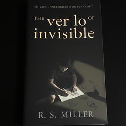 A dark, minimalist book cover featuring a teenager with schizophrenia, sitting in a dimly lit room, intensely focused on drawing disturbing and macabre illustrations