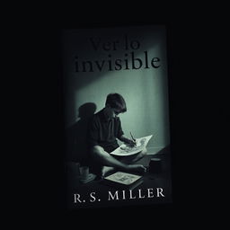 A dark, minimalist book cover featuring a teenager with schizophrenia, sitting in a dimly lit room, intensely focused on drawing disturbing and macabre illustrations