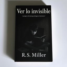 A dark, minimalist book cover featuring a teenager with schizophrenia, sitting in a dimly lit room, intensely focused on drawing disturbing and macabre illustrations