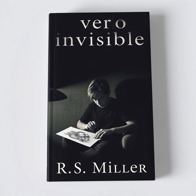 A dark, minimalist book cover featuring a teenager with schizophrenia, sitting in a dimly lit room, intensely focused on drawing disturbing and macabre illustrations