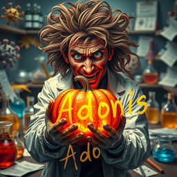 A vibrant and poignant image depicting a disheveled virus scientist with wild hair and a crazed expression, surrounded by an array of various viral petri dishes and scientific equipment