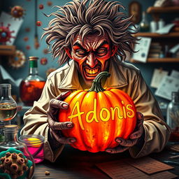 A vibrant and poignant image depicting a disheveled virus scientist with wild hair and a crazed expression, surrounded by an array of various viral petri dishes and scientific equipment