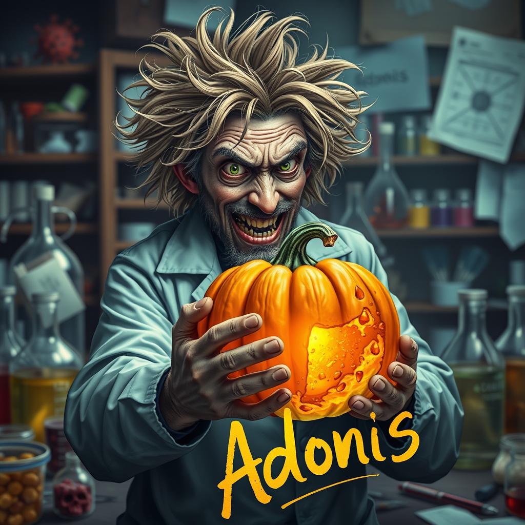 A vibrant and poignant image depicting a disheveled virus scientist with wild hair and a crazed expression, surrounded by an array of various viral petri dishes and scientific equipment