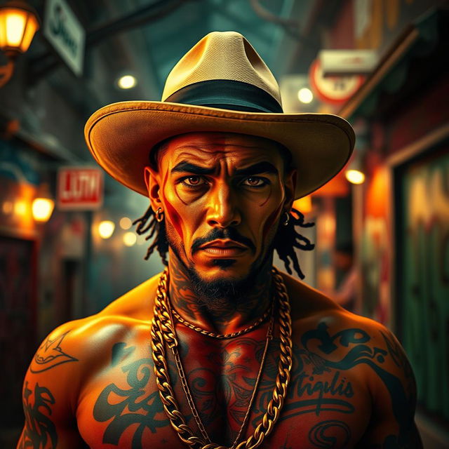 A gritty, atmospheric depiction of a Mexican gangster, showcasing bold tattoos, stylish attire, and a confident demeanor