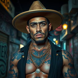 A gritty, atmospheric depiction of a Mexican gangster, showcasing bold tattoos, stylish attire, and a confident demeanor