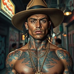 A gritty, atmospheric depiction of a Mexican gangster, showcasing bold tattoos, stylish attire, and a confident demeanor