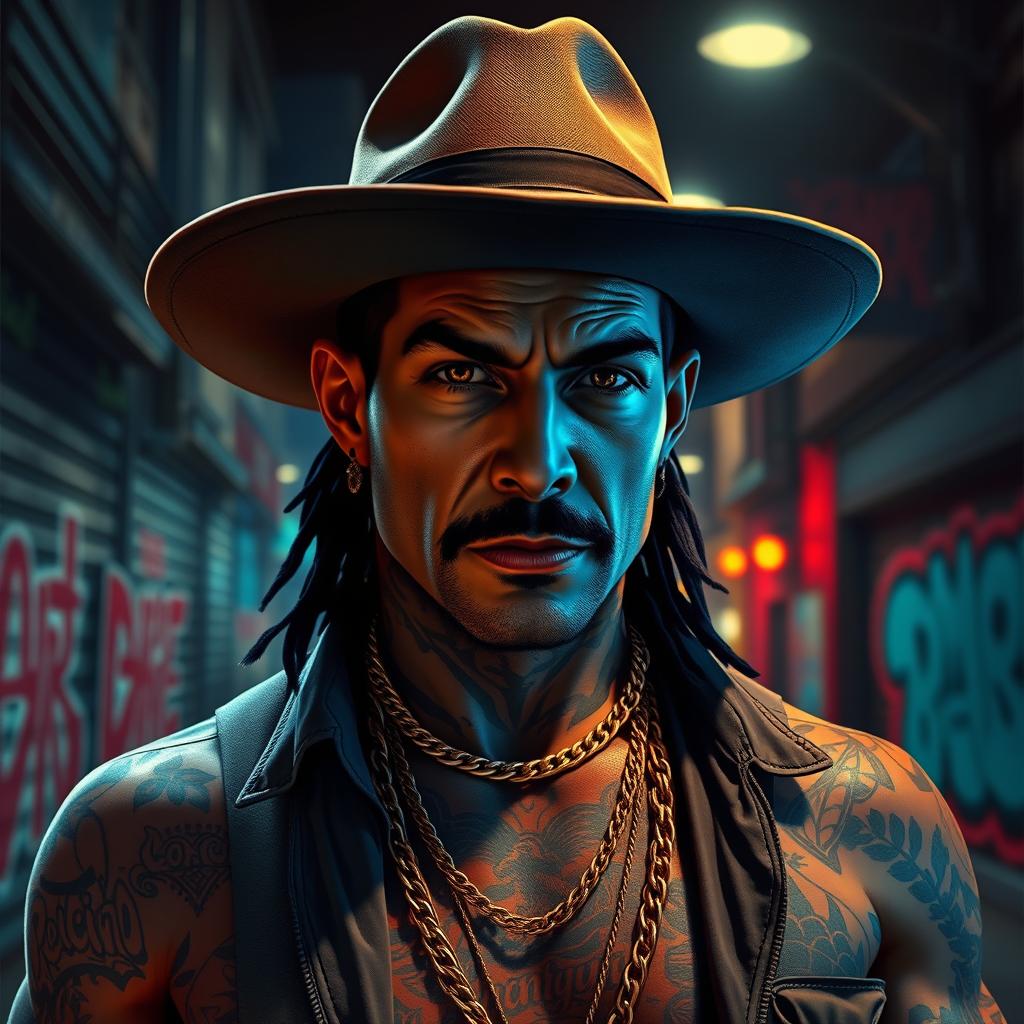 A gritty, atmospheric depiction of a Mexican gangster, showcasing bold tattoos, stylish attire, and a confident demeanor