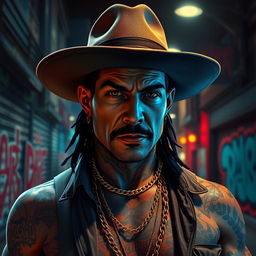 A gritty, atmospheric depiction of a Mexican gangster, showcasing bold tattoos, stylish attire, and a confident demeanor