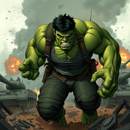 A dramatic illustration of the Marvel character Hulk in a World War setting, showcasing an intense battlefield scene