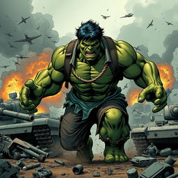 A dramatic illustration of the Marvel character Hulk in a World War setting, showcasing an intense battlefield scene