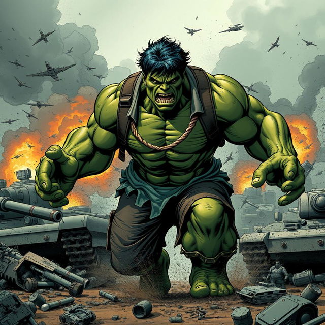 A dramatic illustration of the Marvel character Hulk in a World War setting, showcasing an intense battlefield scene