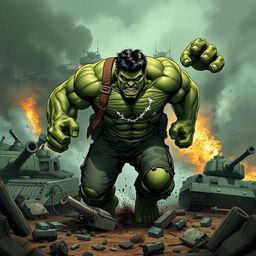 A dramatic illustration of the Marvel character Hulk in a World War setting, showcasing an intense battlefield scene