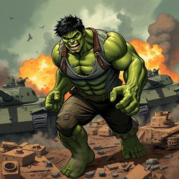 A dramatic illustration of the Marvel character Hulk in a World War setting, showcasing an intense battlefield scene