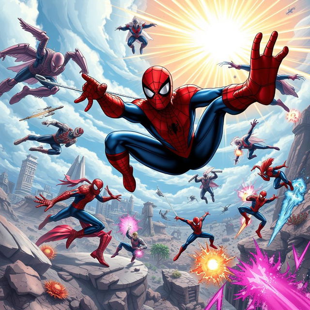 An epic scene of Spider-Man battling on Battleworld, showcasing an action-packed fight against powerful foes