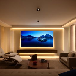 A modern TV lounge with sleek furniture, a large flat-screen TV on the wall, ambient lighting, and tasteful decor.