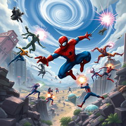 An epic scene of Spider-Man battling on Battleworld, showcasing an action-packed fight against powerful foes