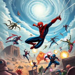 An epic scene of Spider-Man battling on Battleworld, showcasing an action-packed fight against powerful foes