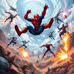 An epic scene of Spider-Man battling on Battleworld, showcasing an action-packed fight against powerful foes
