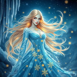 An enchanting portrayal of the Goddess of Eternal Cold, with a stunning twist of golden snowflakes