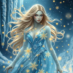 An enchanting portrayal of the Goddess of Eternal Cold, with a stunning twist of golden snowflakes
